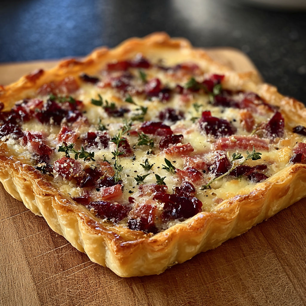 A close up of a Cranberry Brie Tart with Pancetta & Thyme.