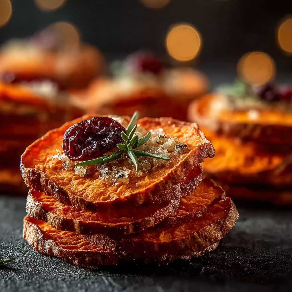 Sweet potato rounds with brie, cranberry, and pecans.