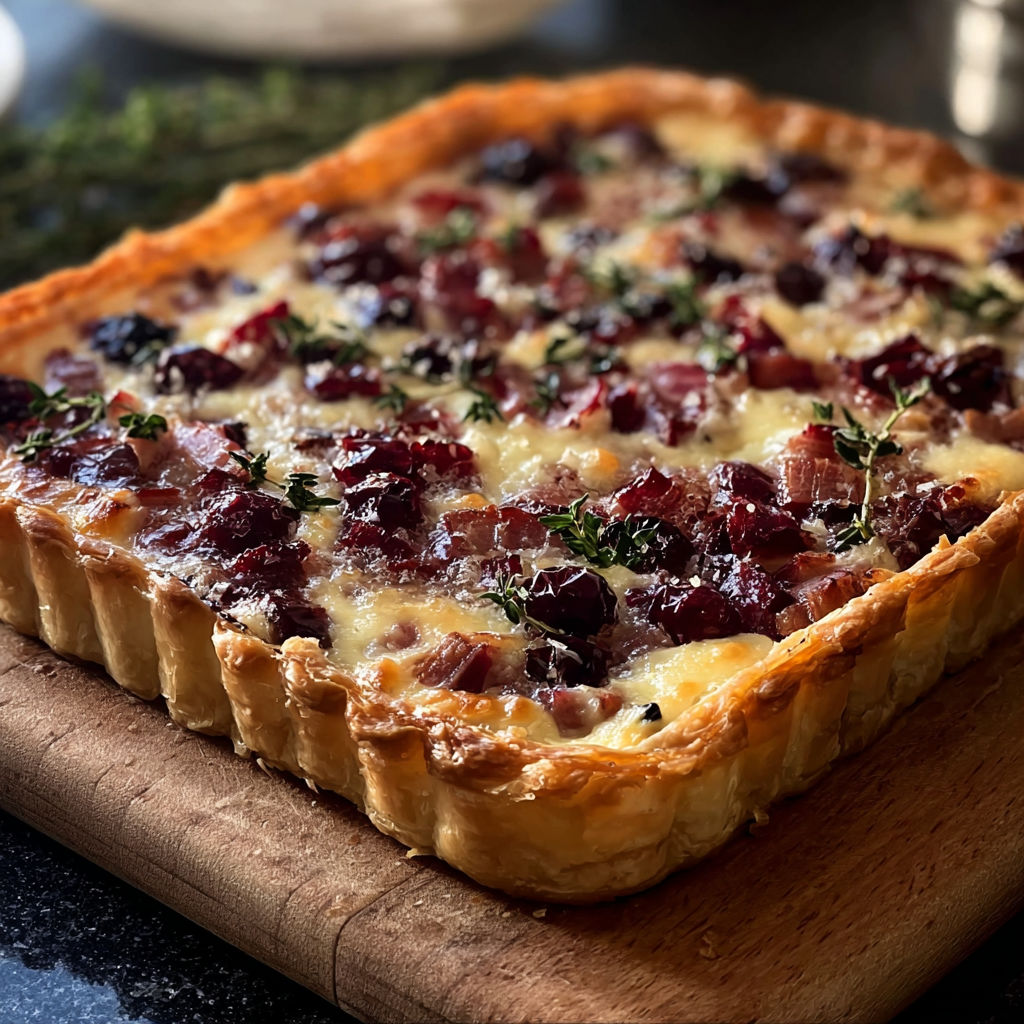 A close up of a cranberry brie tart with pancetta and thyme.