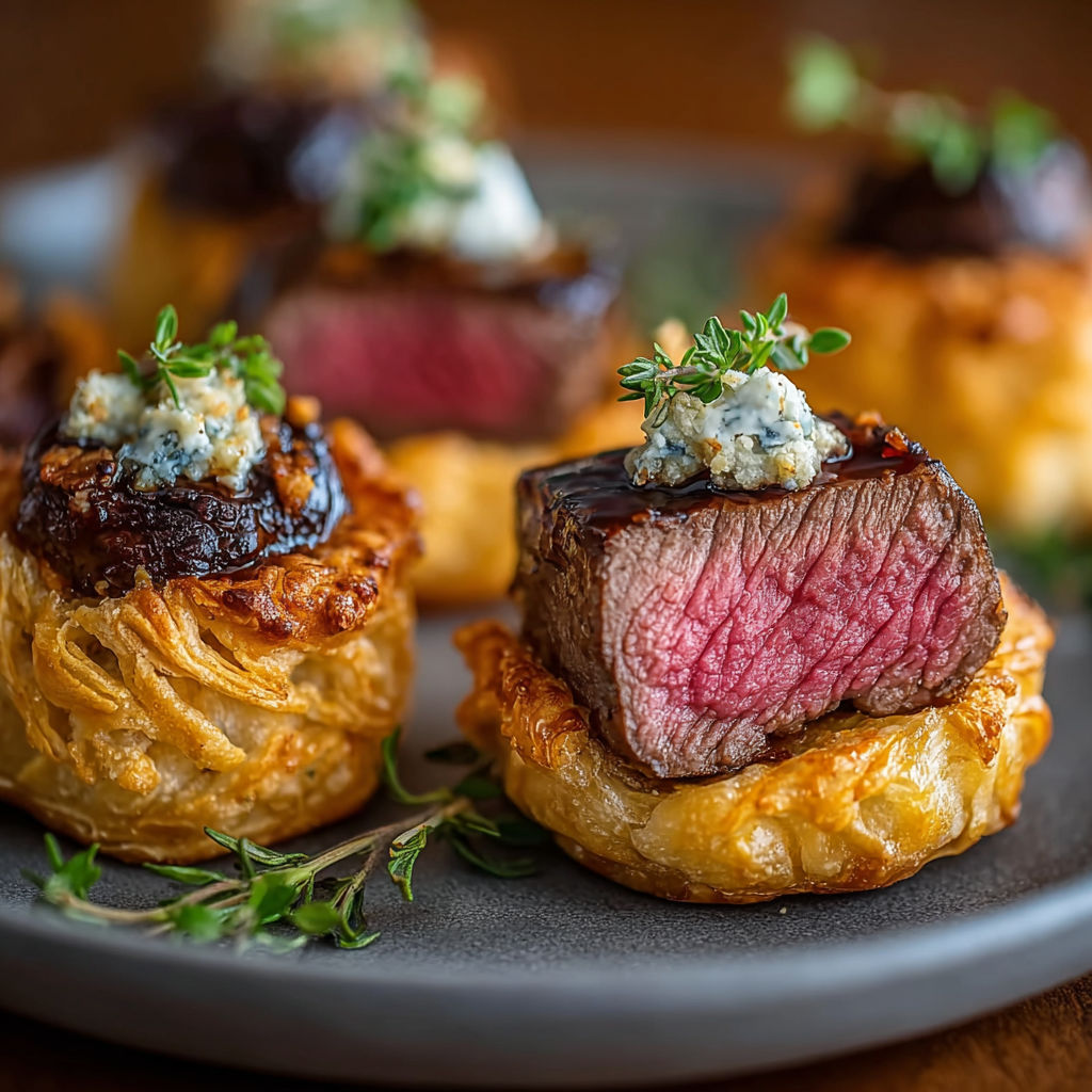 Mini beef wellington bites with blue cheese.