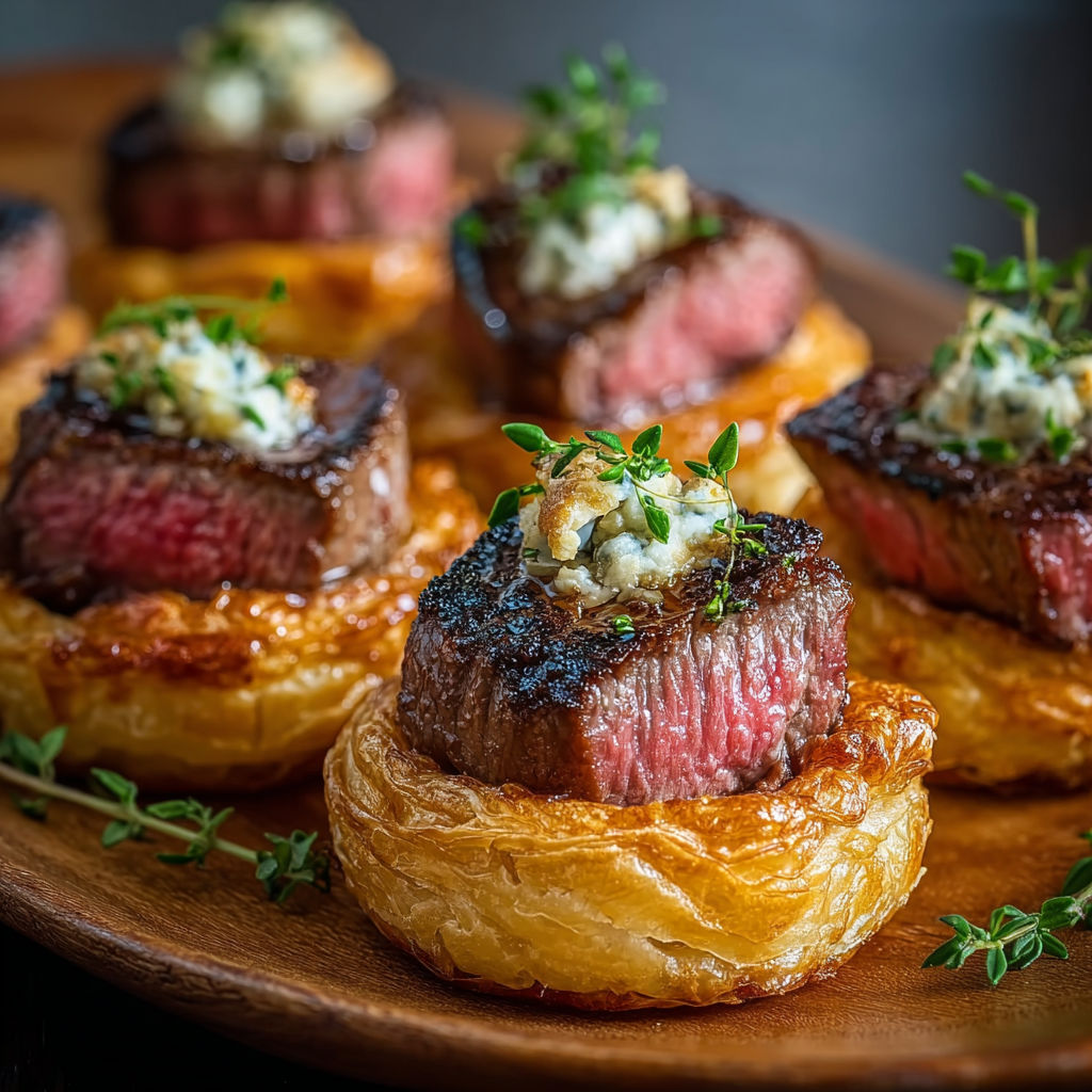 Mini beef wellington bites with blue cheese.