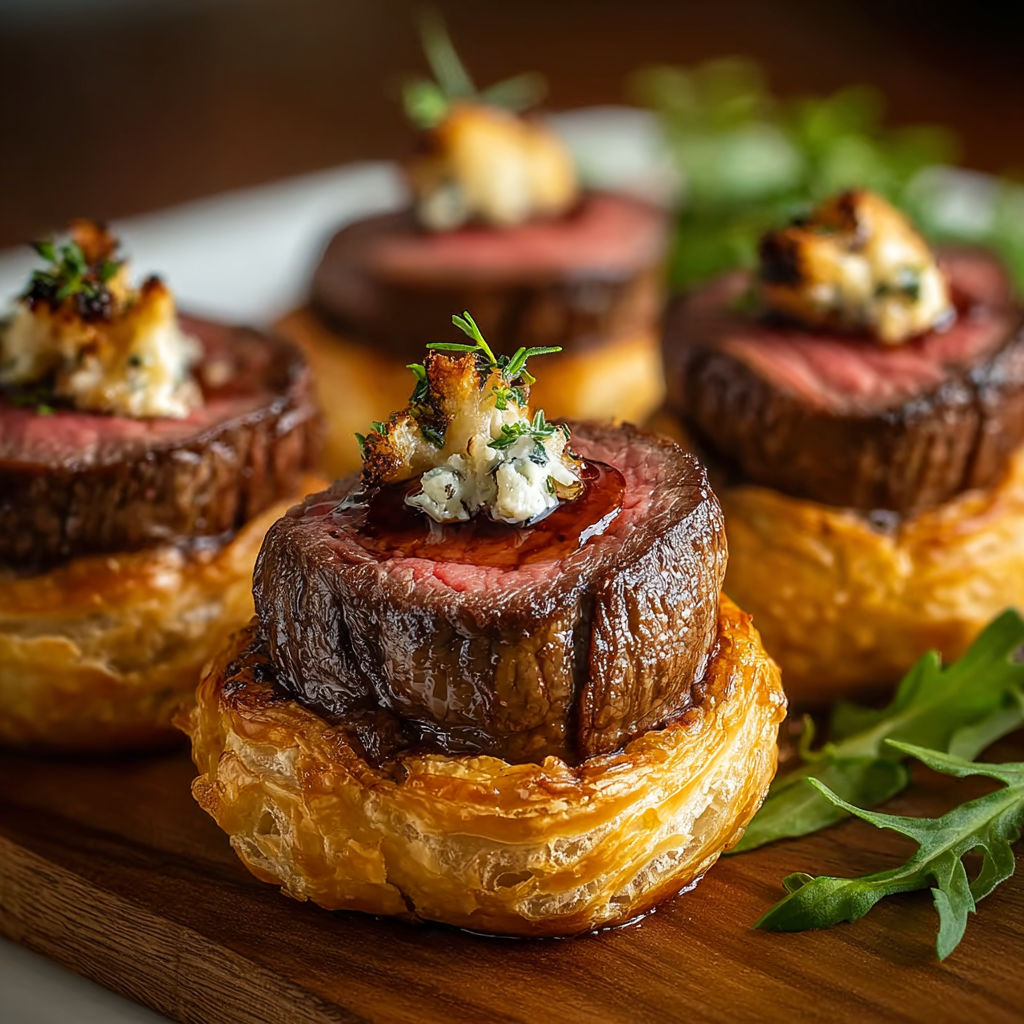 Mini beef wellington bites with blue cheese.