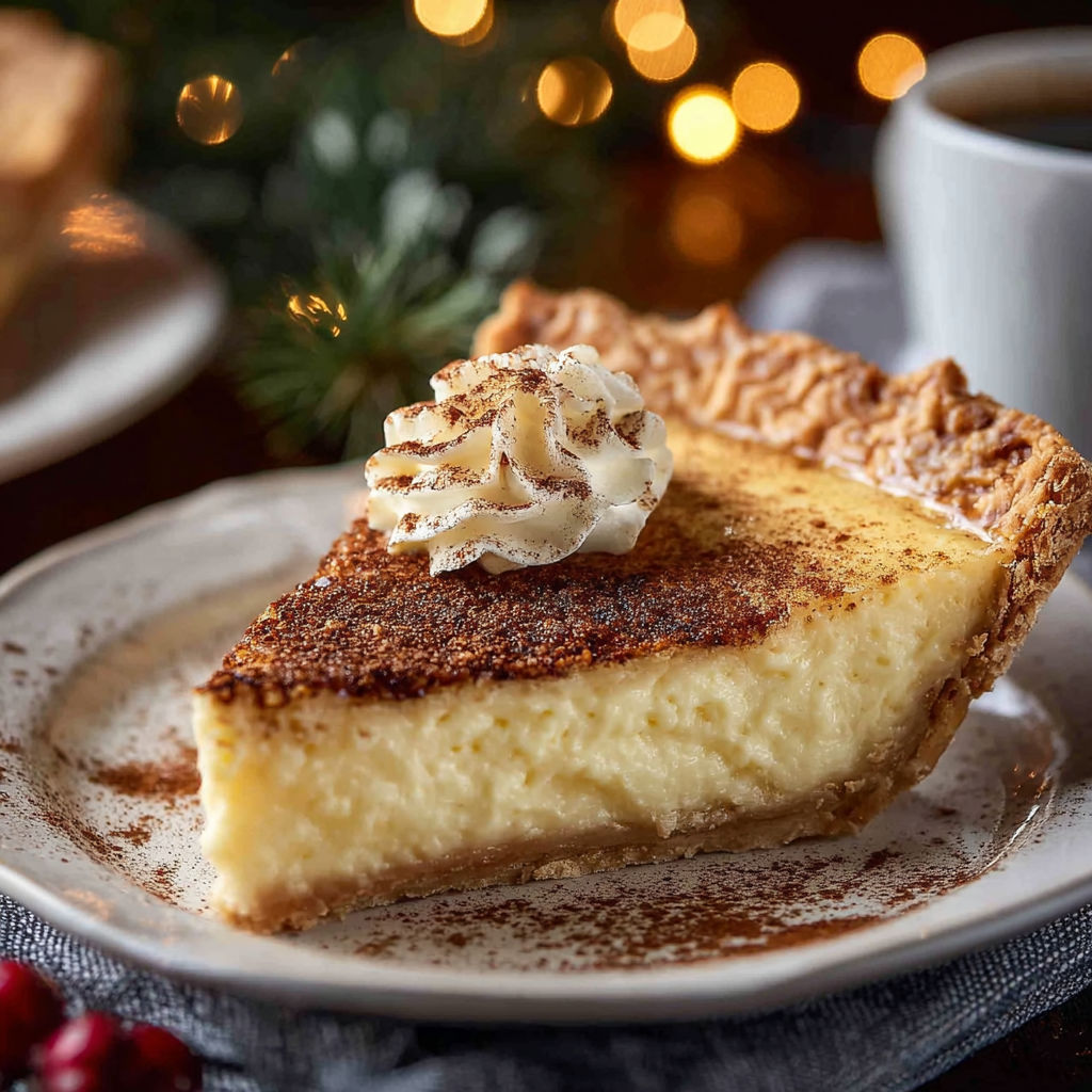 A slice of pie with whipped cream on top.