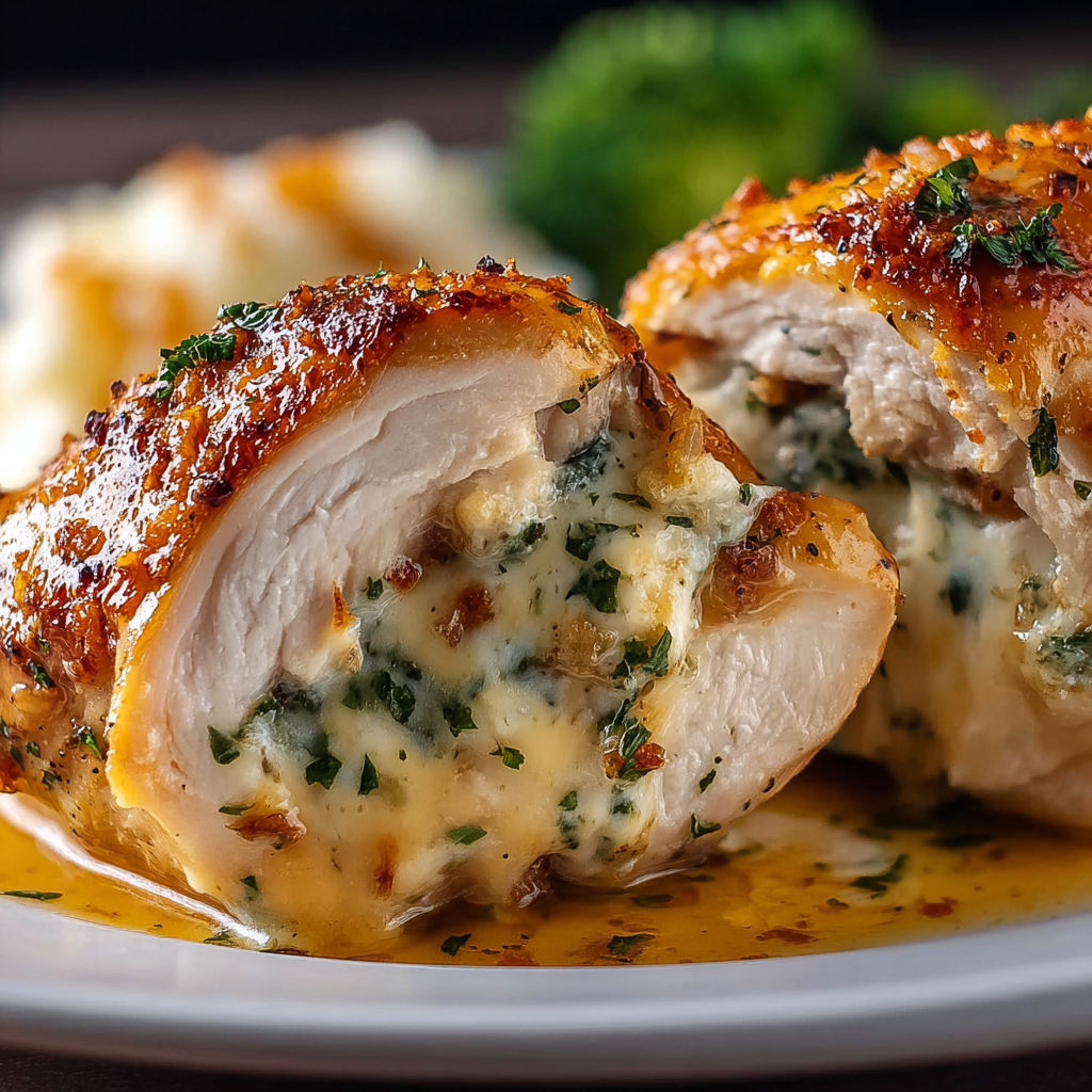 A plate of stuffed chicken with broccoli on the side.
