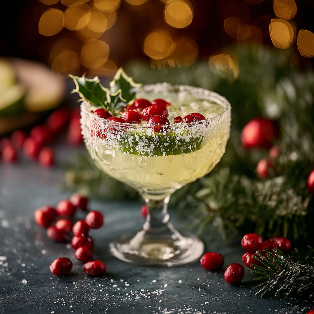 A glass of green drink with red berries on top.
