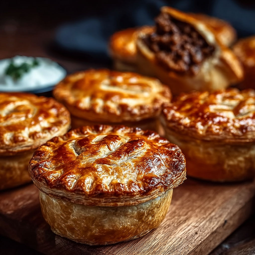 A variety of British meat pies are displayed on a table.