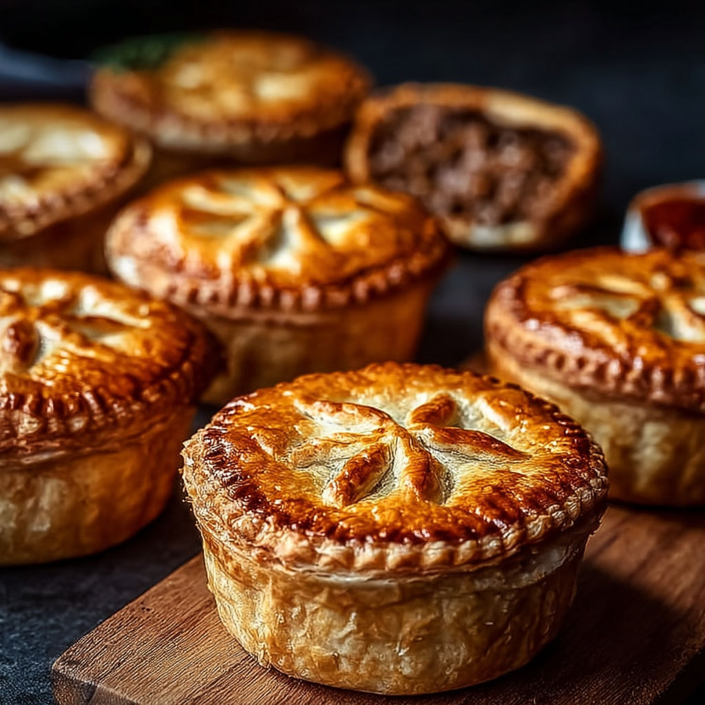 A wooden tray with six small pies.