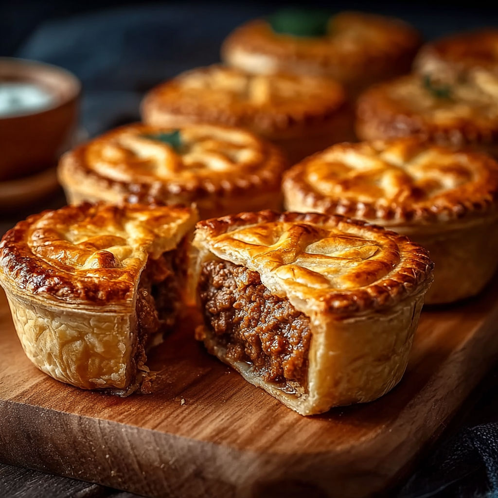 A wooden tray with four meat pies.