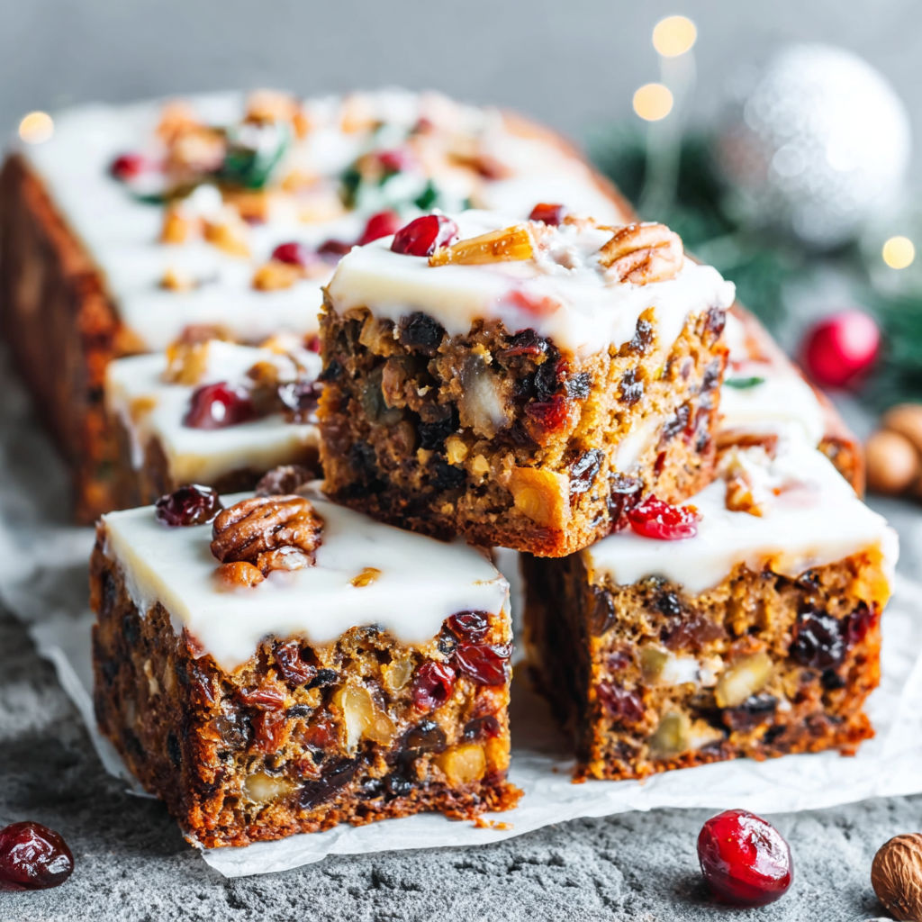 A tray of fruitcake with white frosting and red berries.