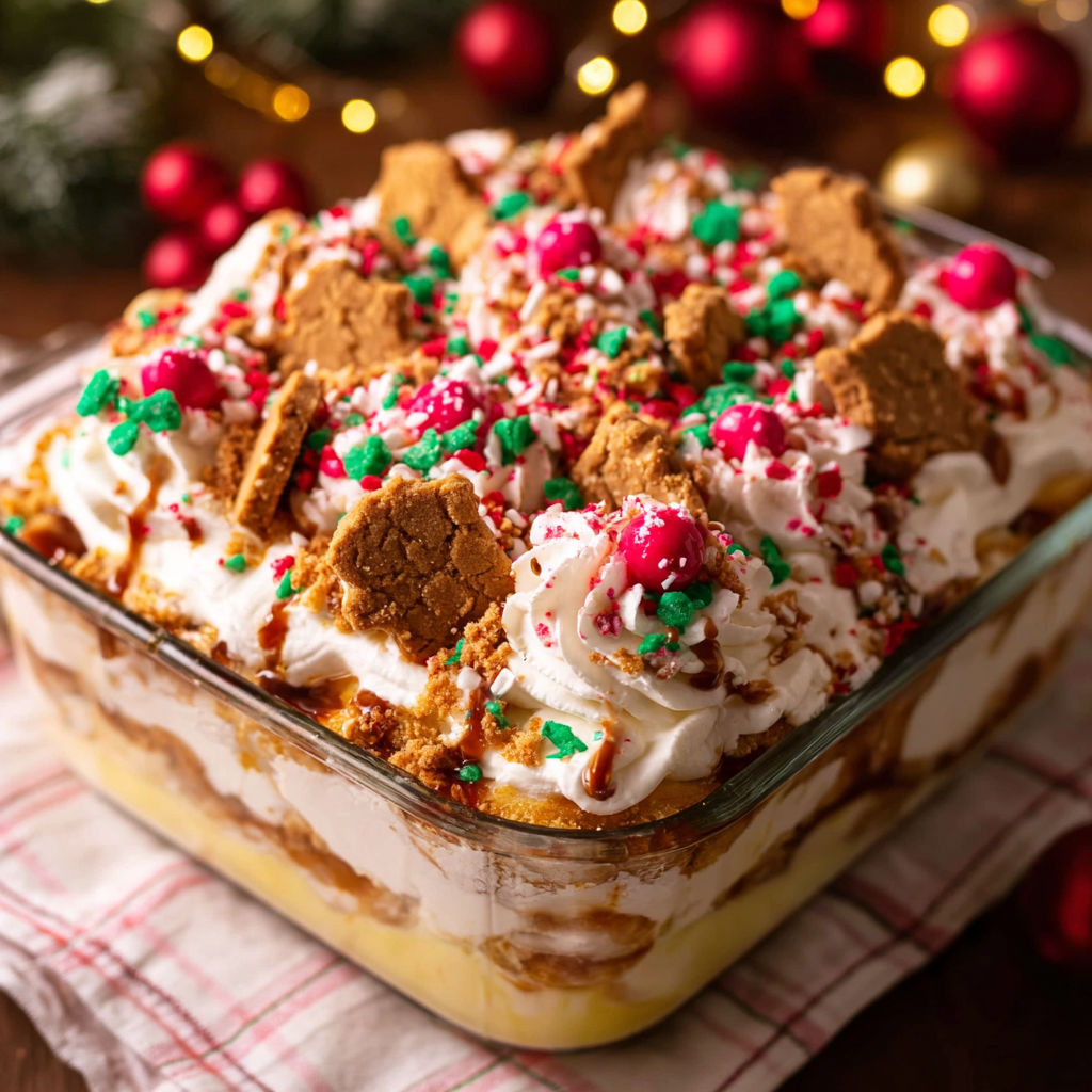 A glass dish filled with a dessert topped with marshmallows and crushed cookies.