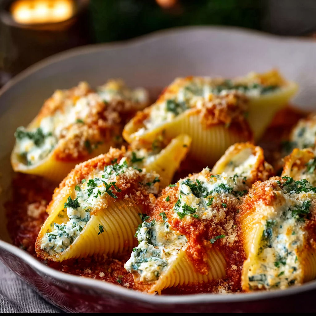 A plate of stuffed shells with cheese and sauce.