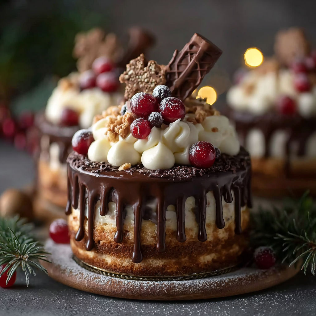 A chocolate cake with white frosting and red berries.