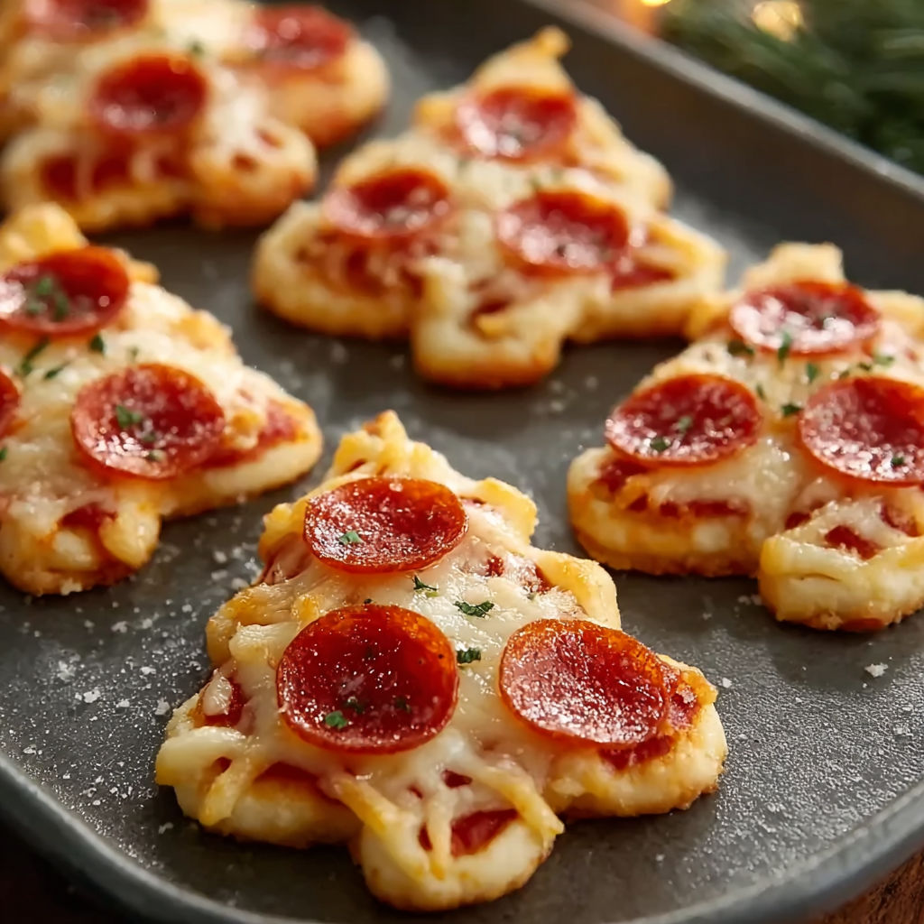 Mini pizzas shaped like Christmas trees.