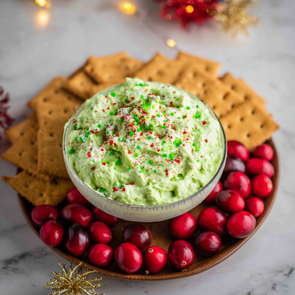 A bowl of Grinch dip with crackers and cranberries.