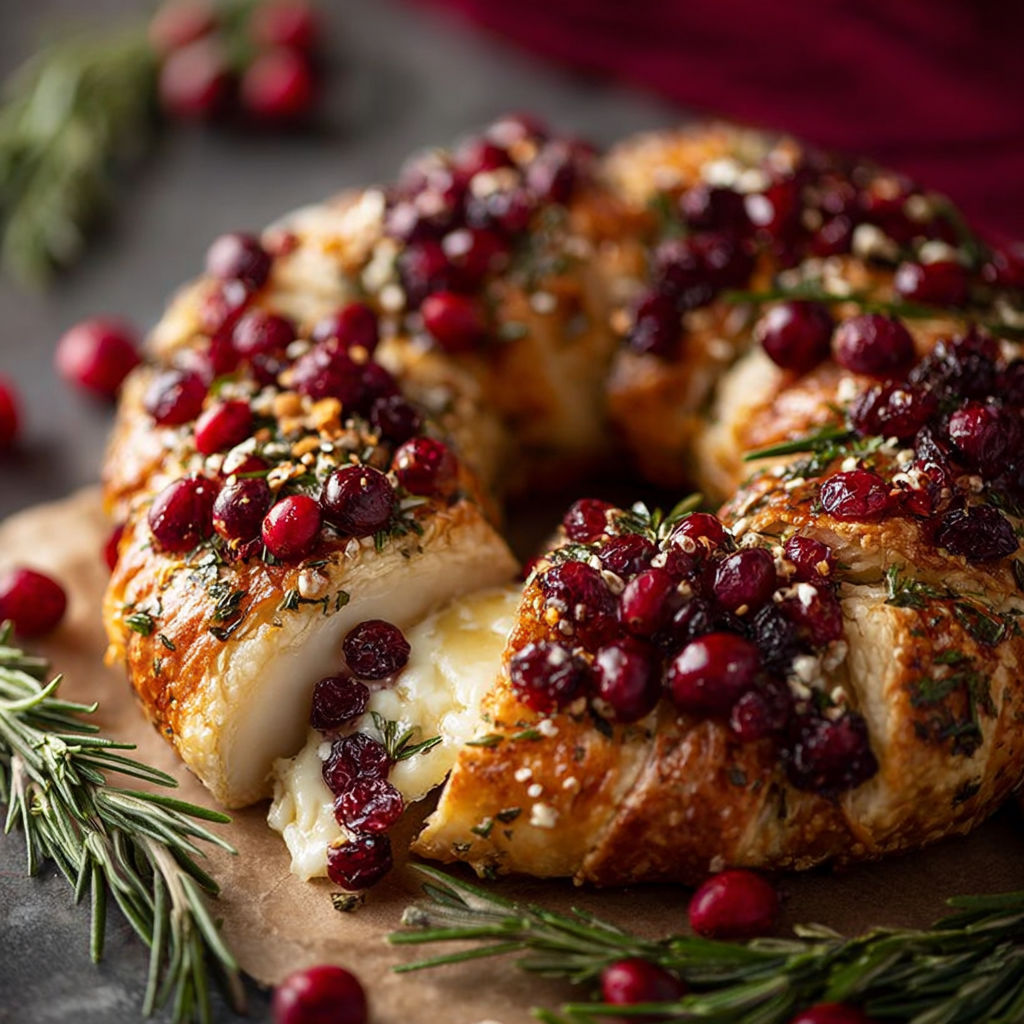 A delicious brie cheese and cranberry Christmas wreath.