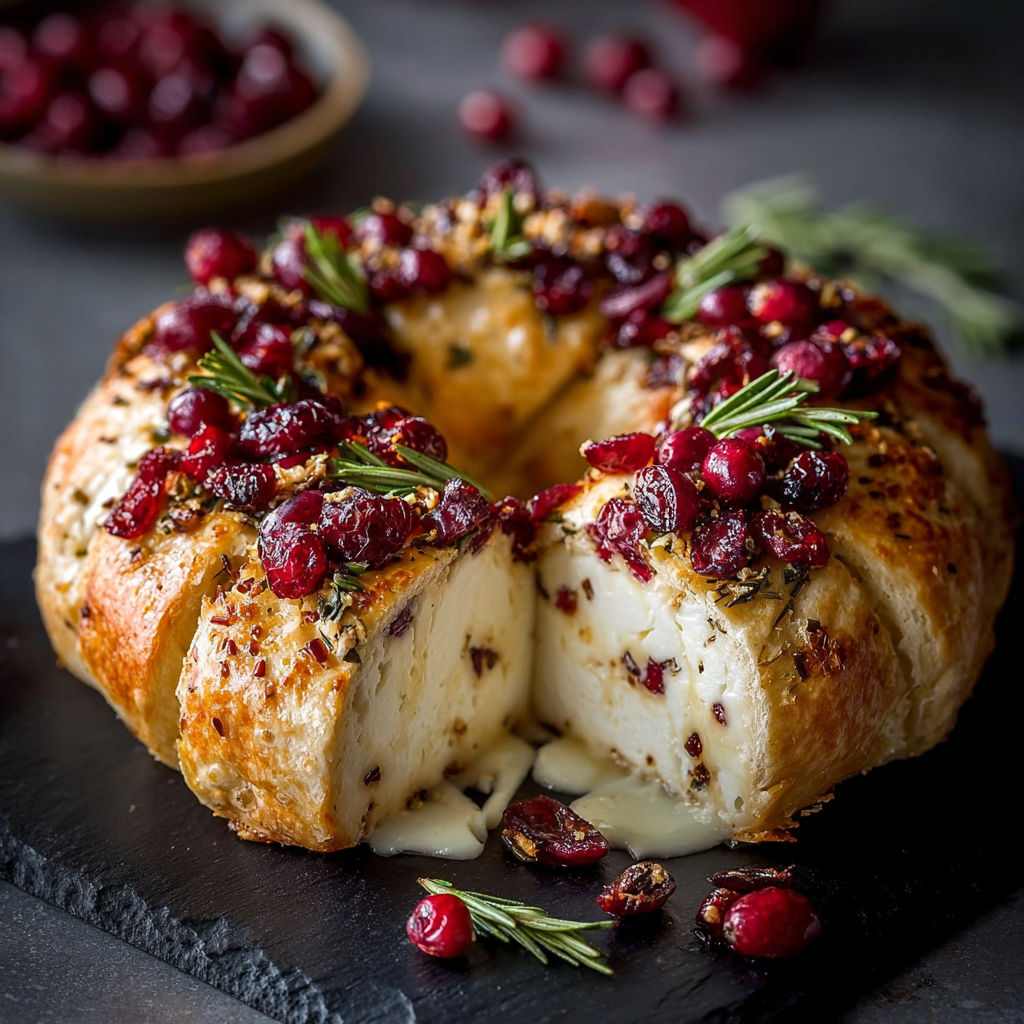 A Brie cheese and cranberry Christmas wreath.