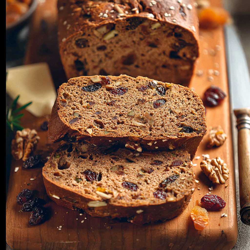 A loaf of bread with nuts and dried fruit.