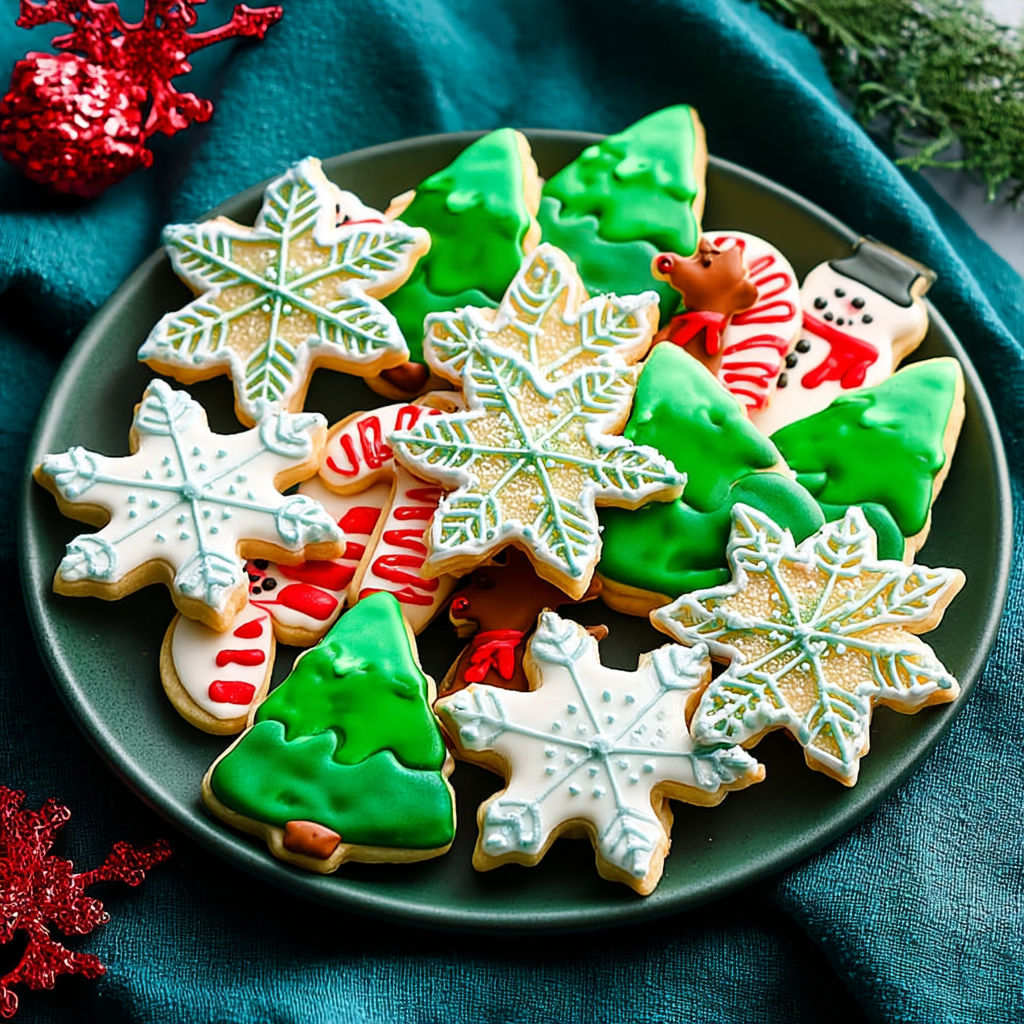 A plate of green and white cookies with snowflakes on them.