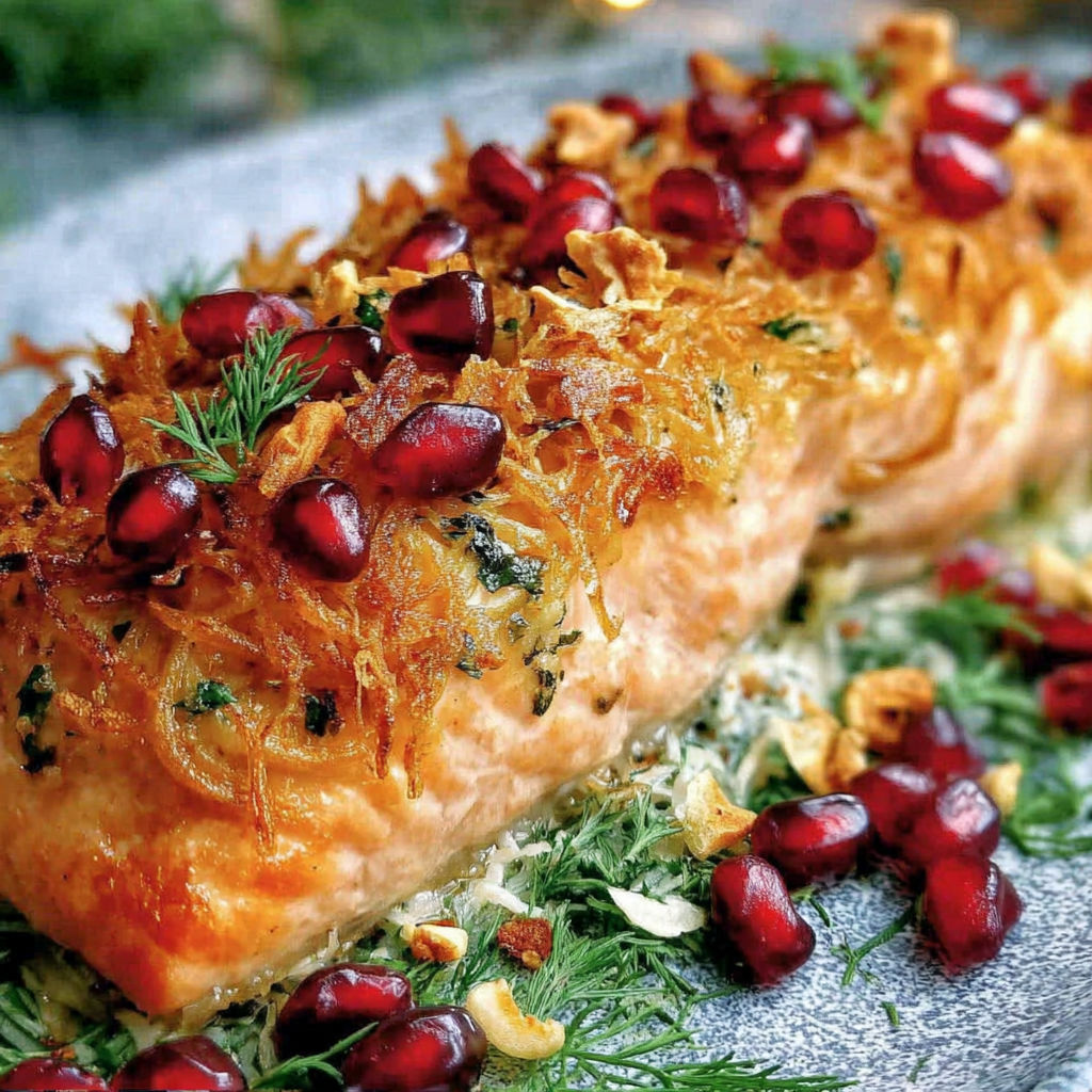 A salmon fillet with a topping of pomegranate seeds.