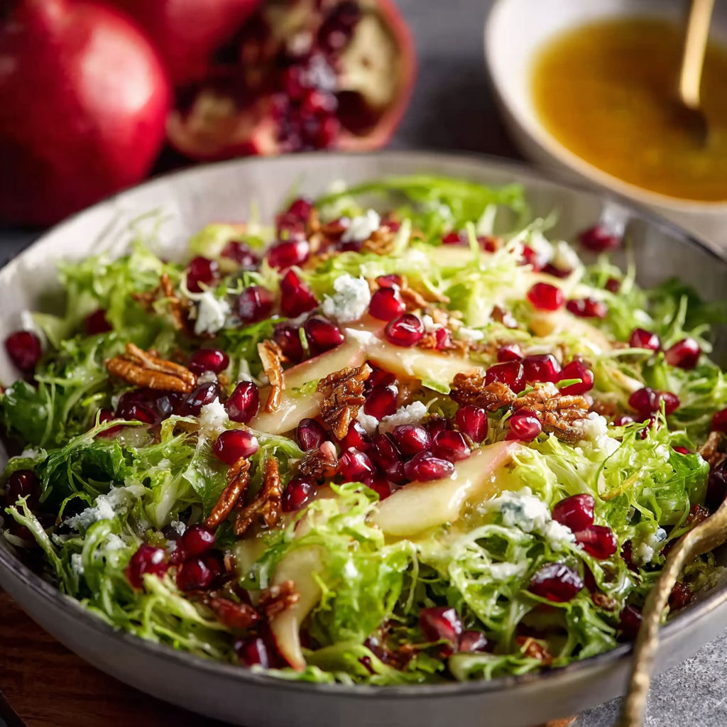 A salad with pomegranate, lettuce, and honey mustard dressing.