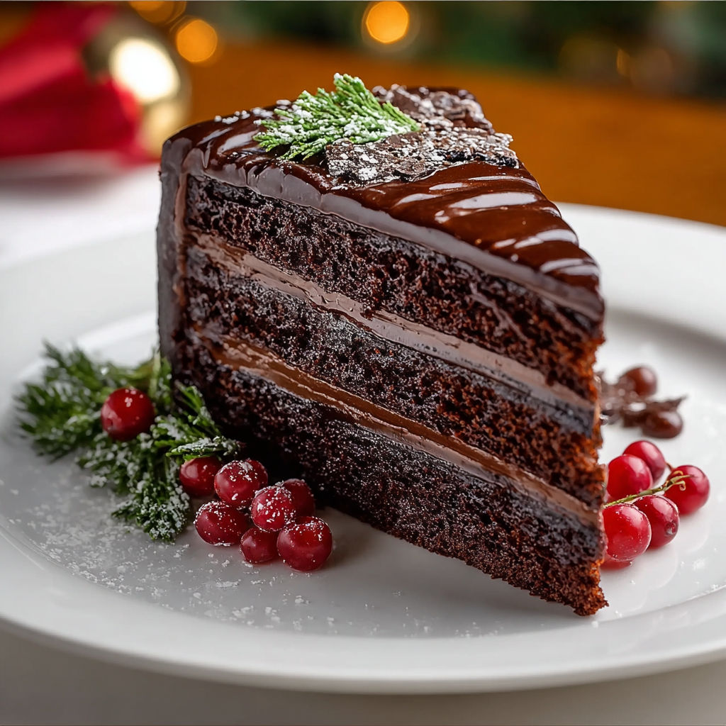 A slice of chocolate cake with chocolate icing and sprinkles.