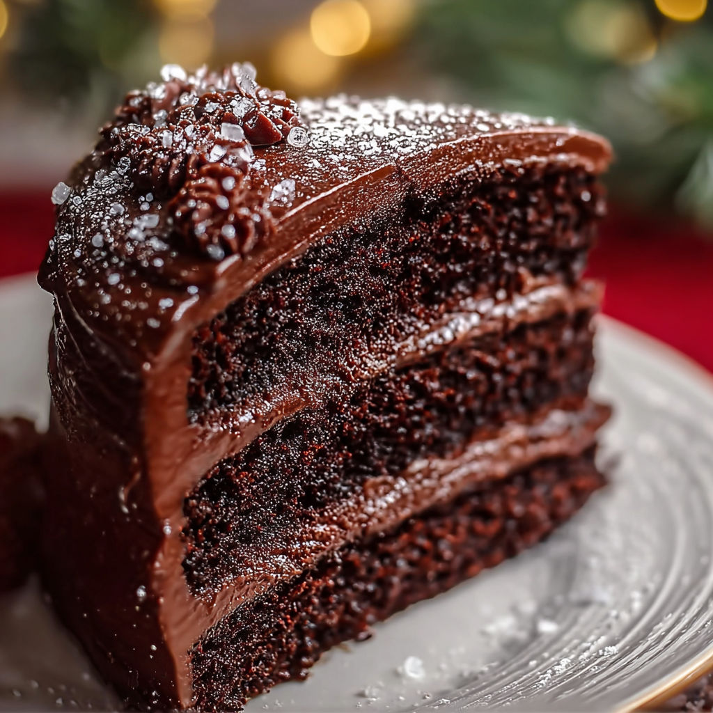 A slice of chocolate cake with powdered sugar on top.