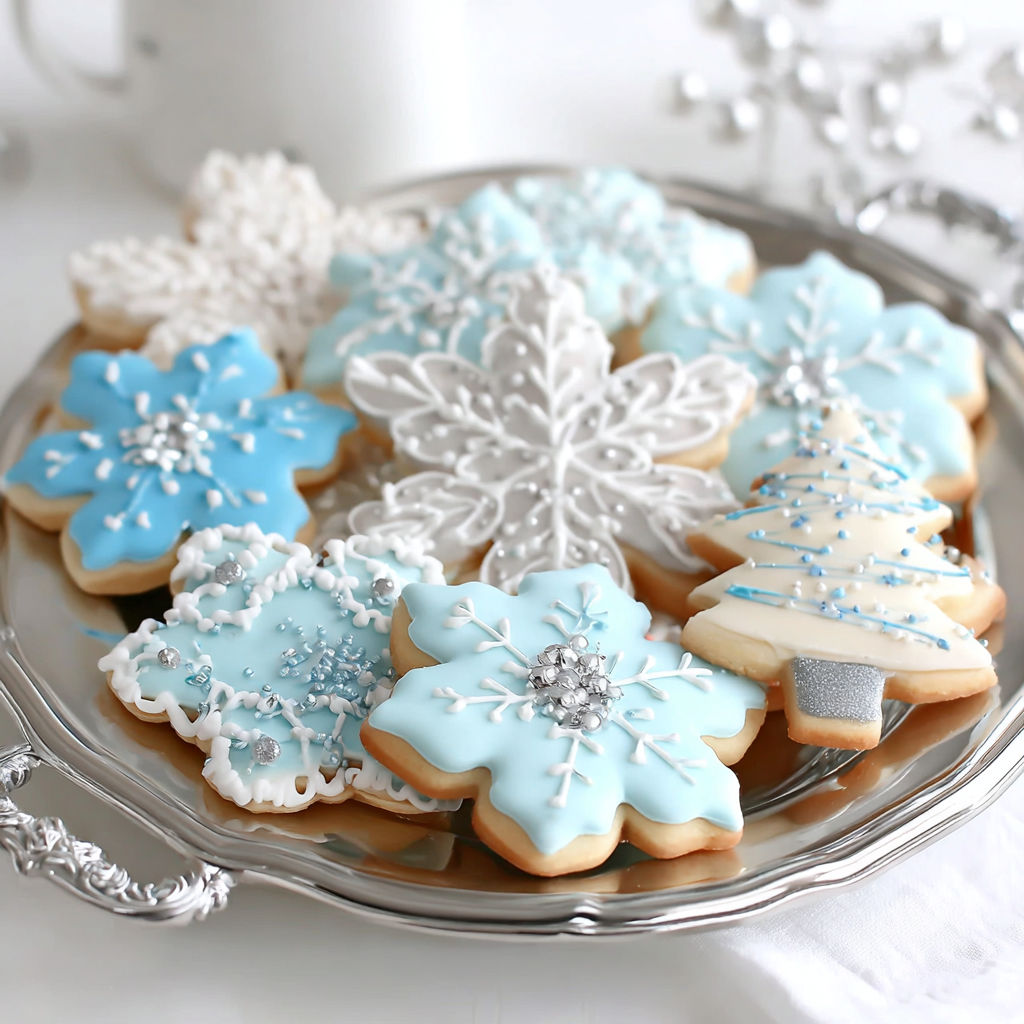 A plate of cookies with snowflakes on them.
