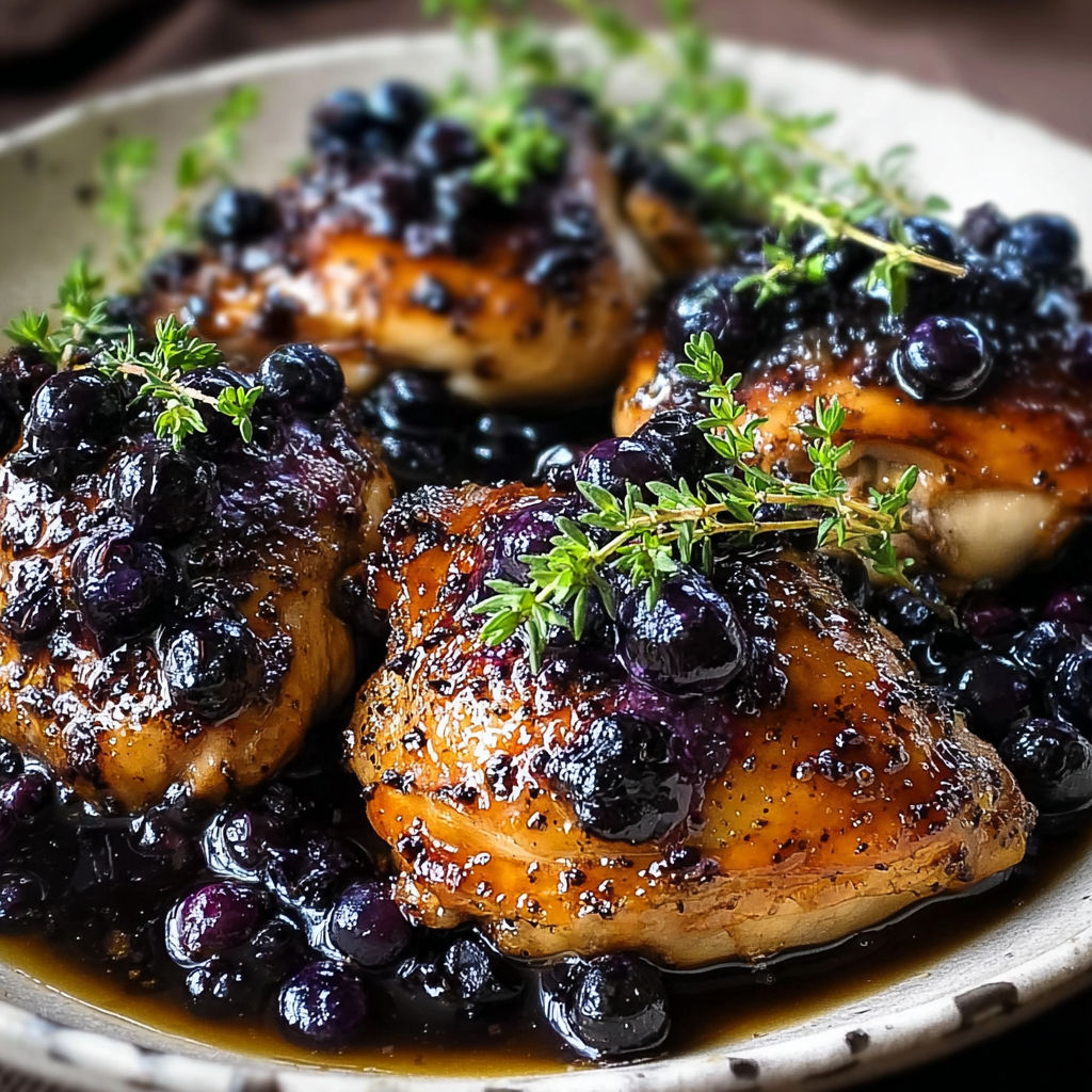 A plate of chicken with blueberries and thyme.