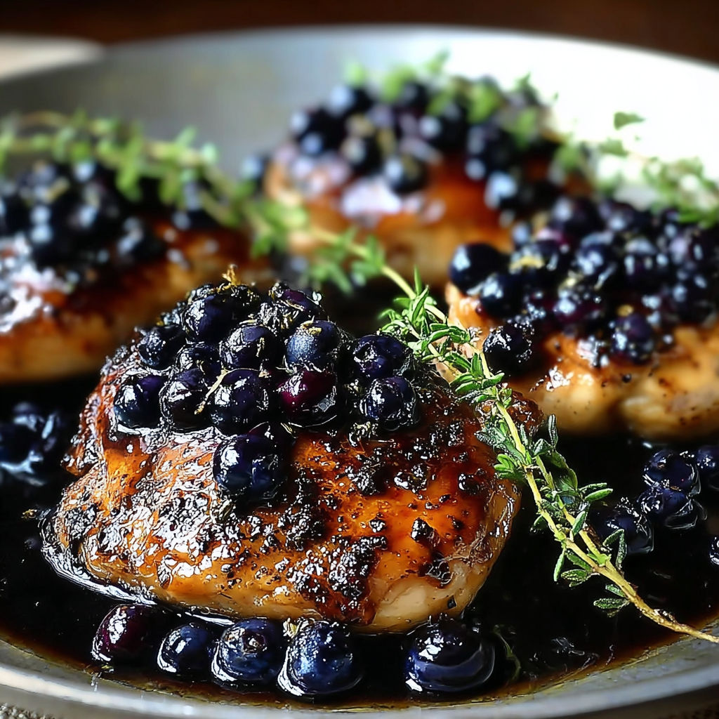 A plate of chicken with blueberries and thyme.