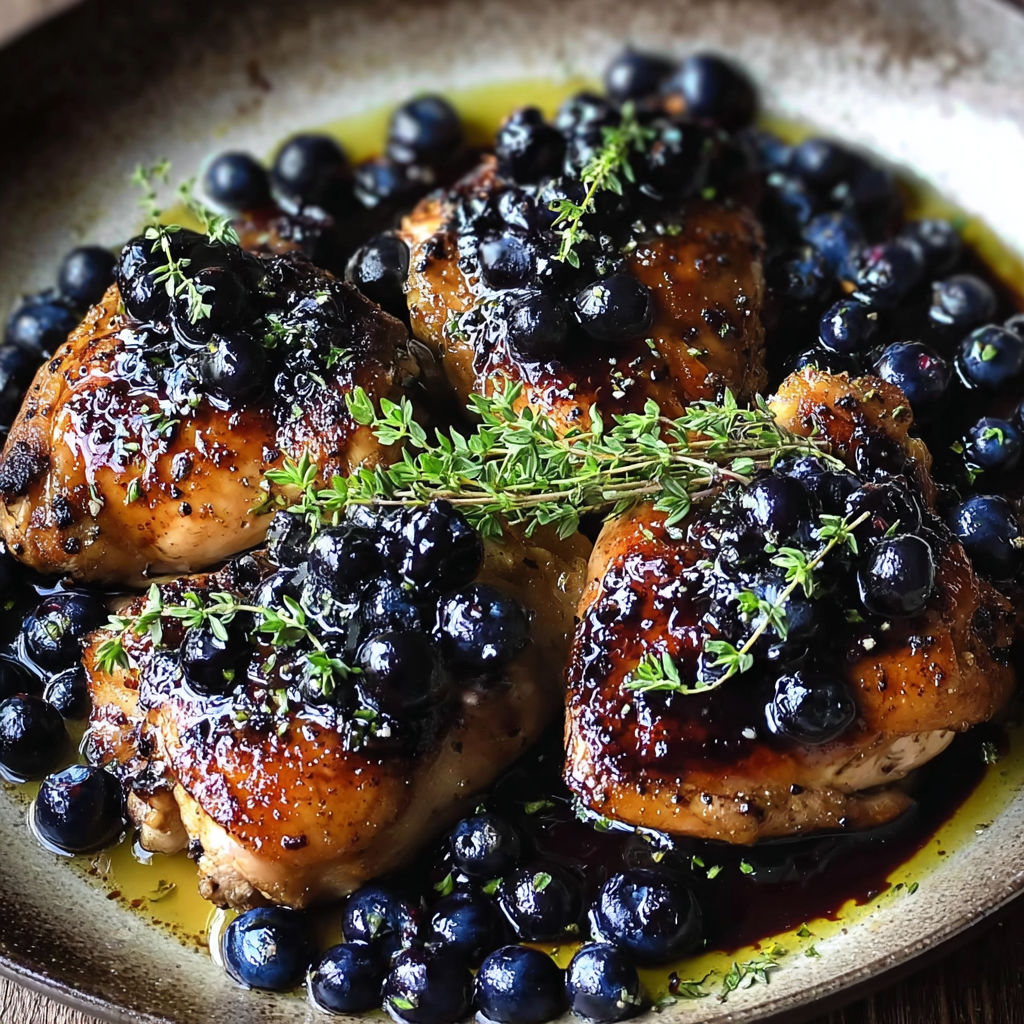 A plate of chicken with blueberries and thyme.