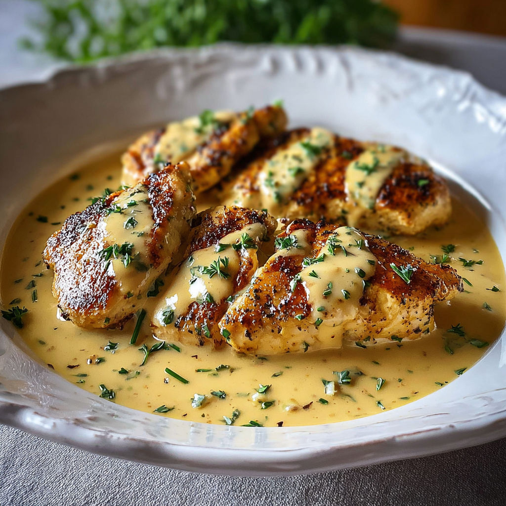 A plate of chicken with a creamy sauce.