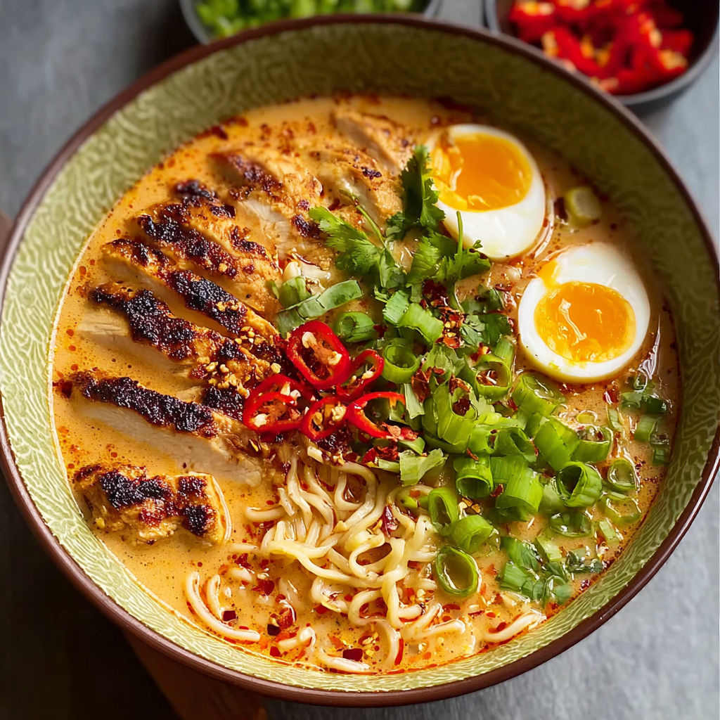 A bowl of soup with noodles, eggs, and vegetables.