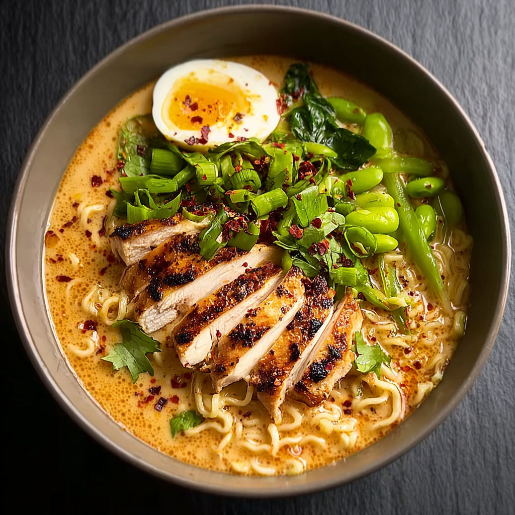 A bowl of noodles with chicken and vegetables.