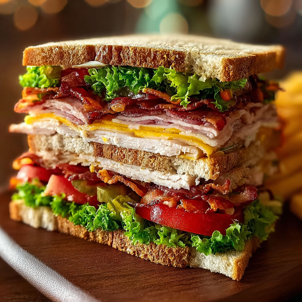 A large sandwich with bacon, lettuce, tomato, and cheese.