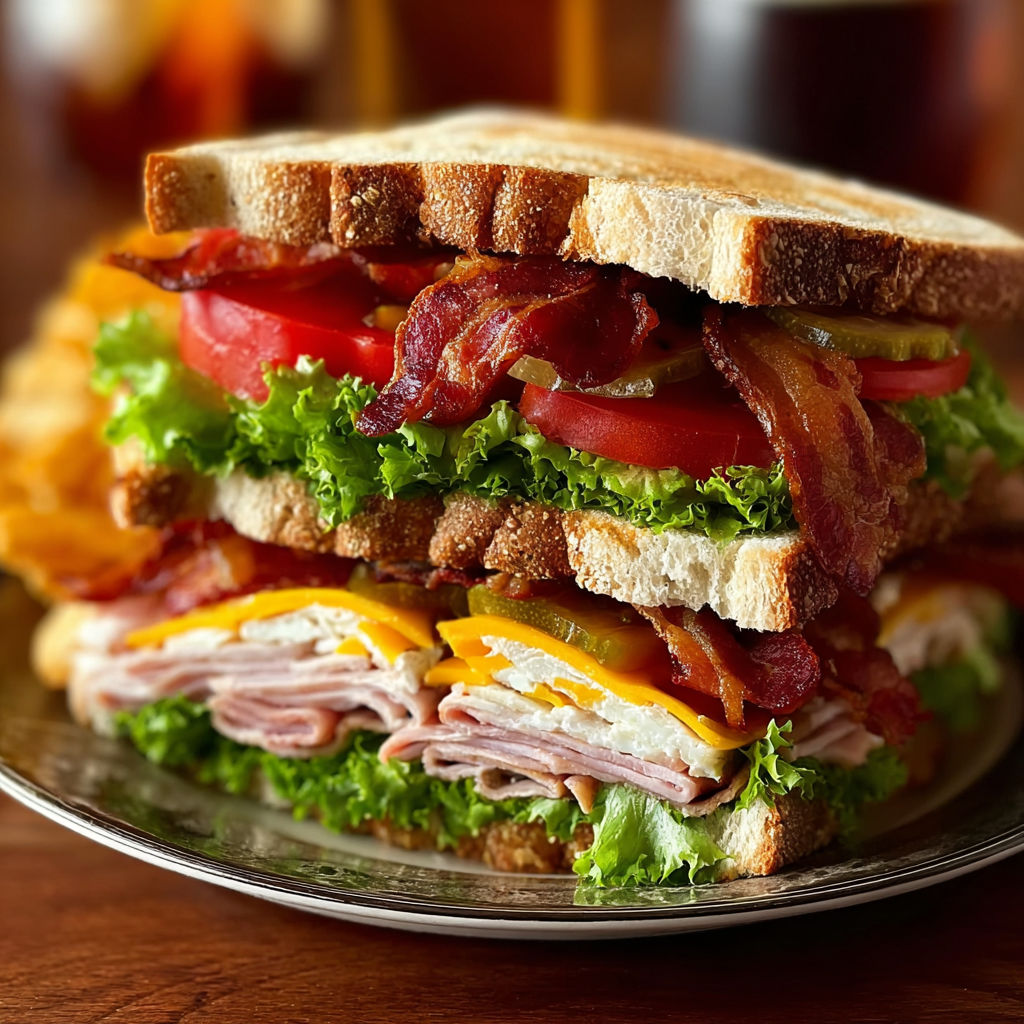 A sandwich with bacon, lettuce, tomato, and cheese.