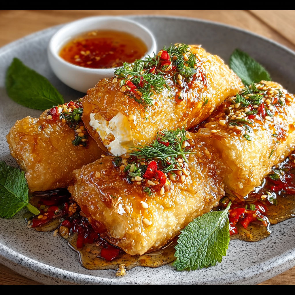 A plate of oven fried feta rolls with chili honey.