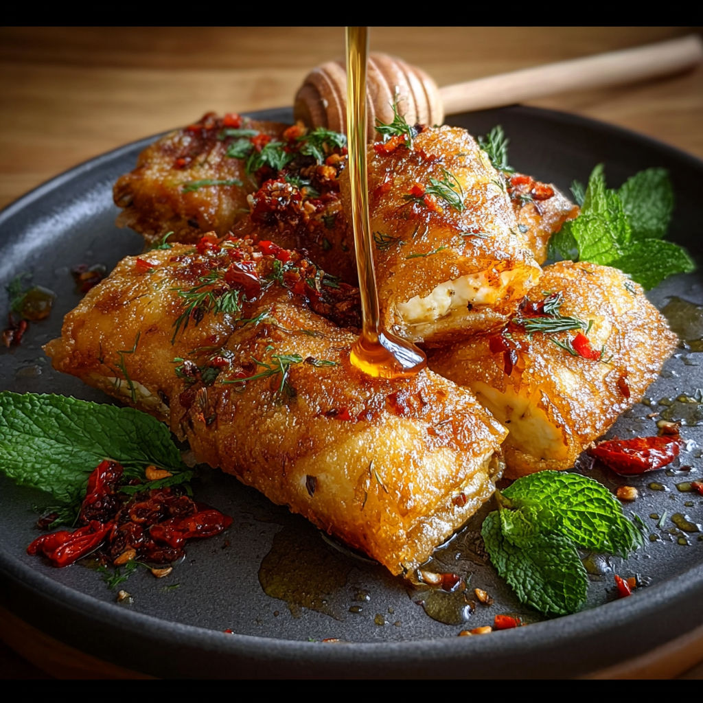 A plate of food with a sauce drizzled over it.