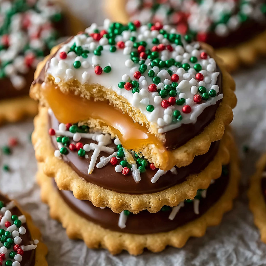 A stack of Christmas cookies with a caramel filling.
