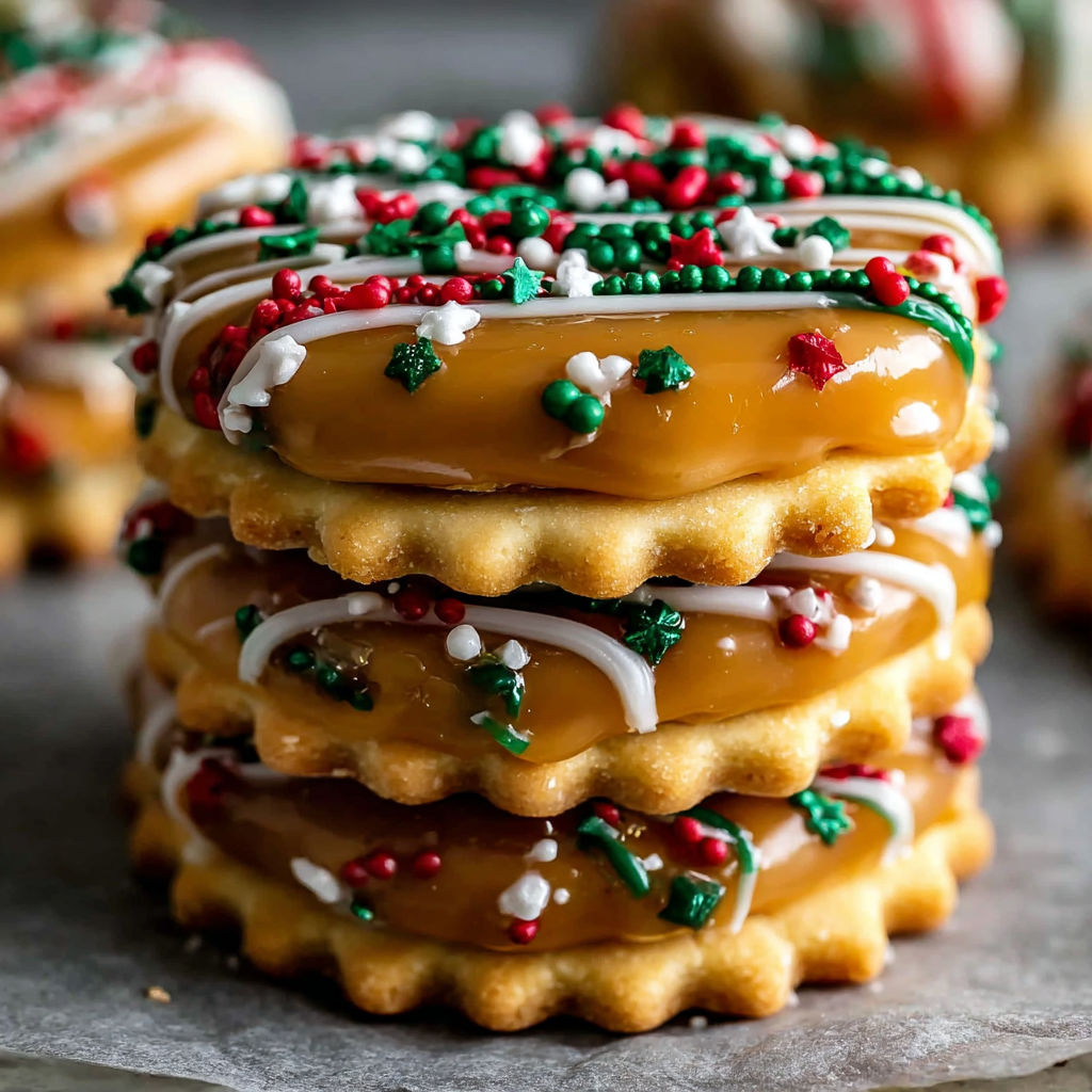 Stack of Christmas cookies with white icing and green and red sprinkles.