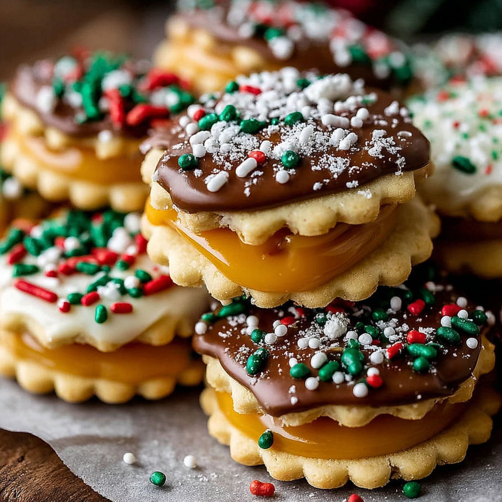A stack of Christmas cookies with caramel and white icing.
