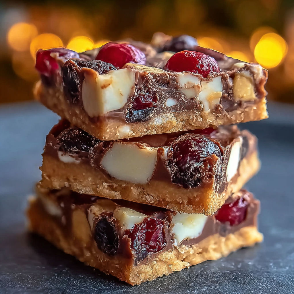 A stack of three dessert bars with chocolate and fruit toppings.