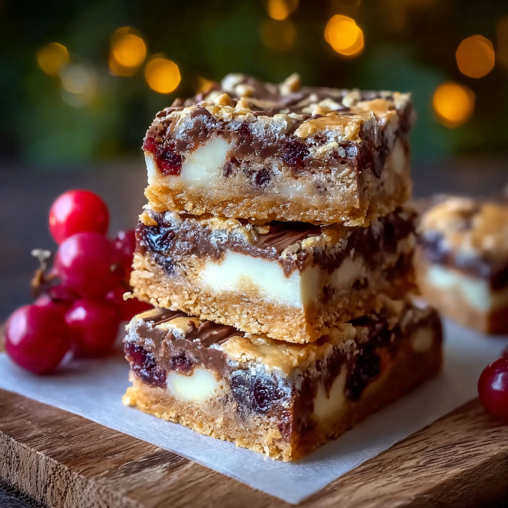 A stack of dessert bars with a chocolate and caramel topping.