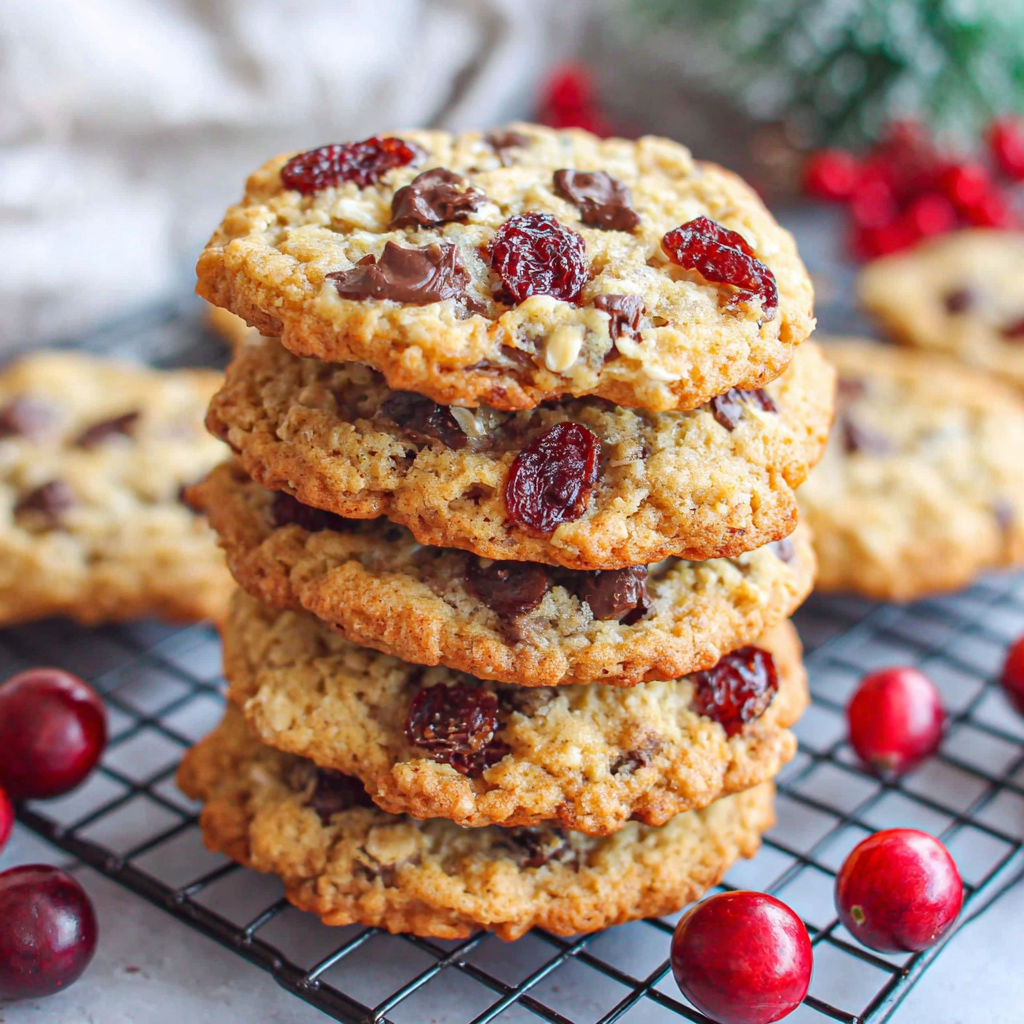 A stack of cranberry oatmeal chocolate chip cookies.