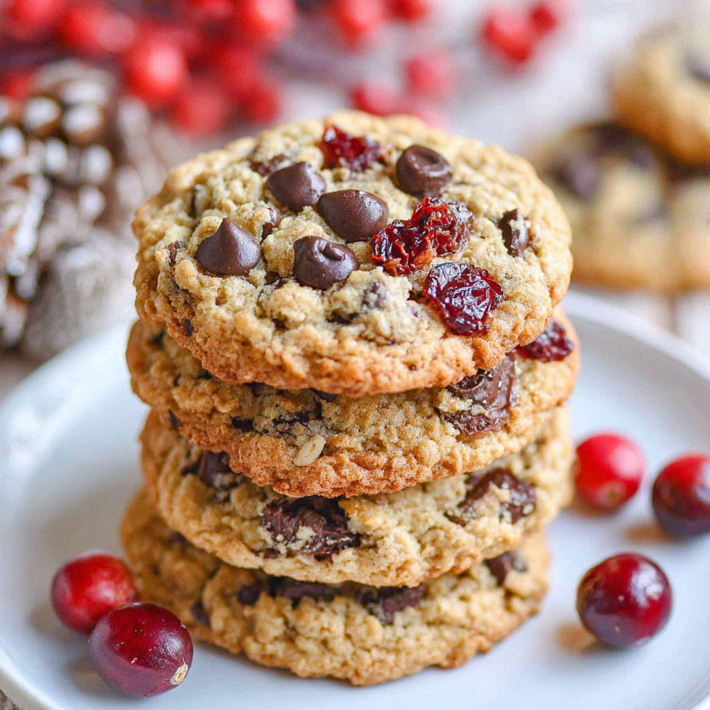 A stack of three cranberry oatmeal chocolate chip cookies.