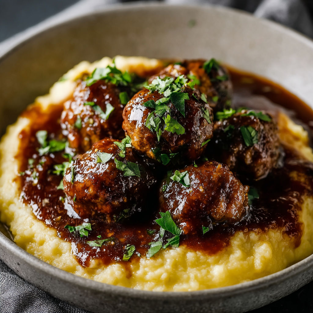 A bowl of red wine braised meatballs.