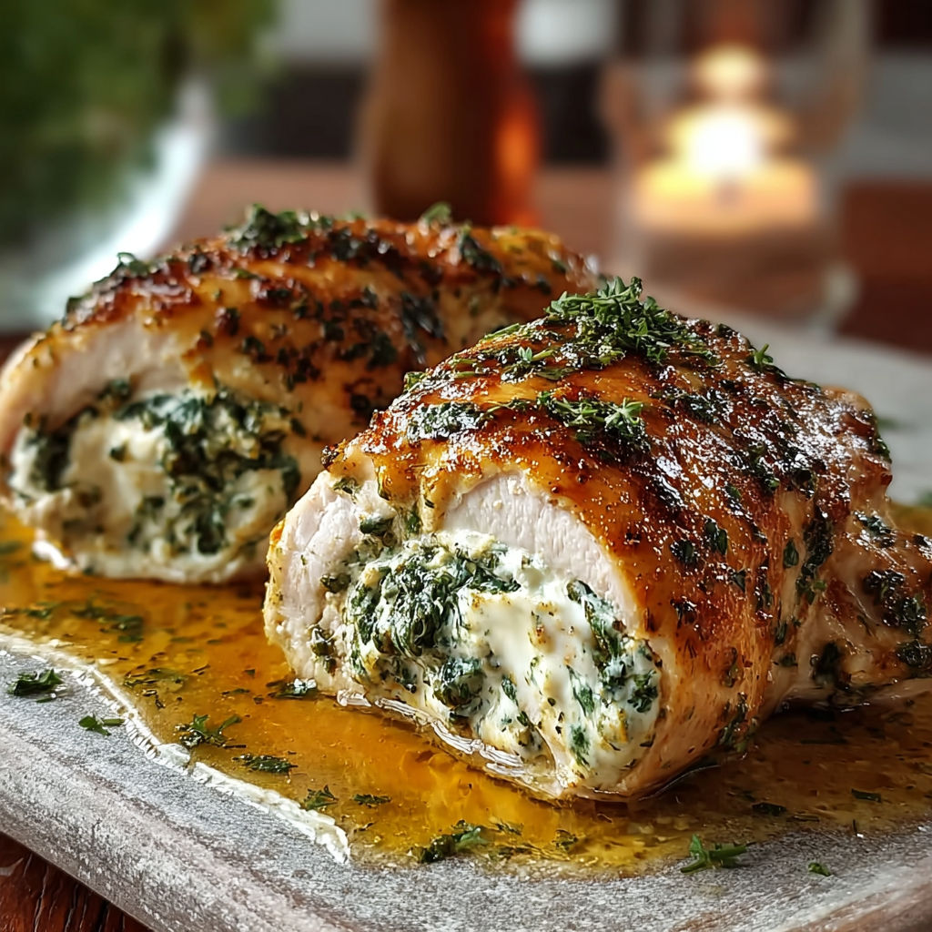 Two herbed ricotta stuffed chicken rolls on a plate.