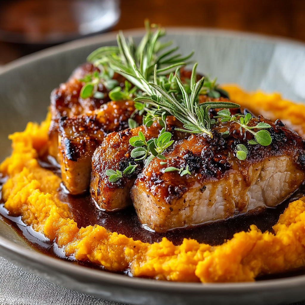 A plate of pork with mashed sweet potatoes and herbs.