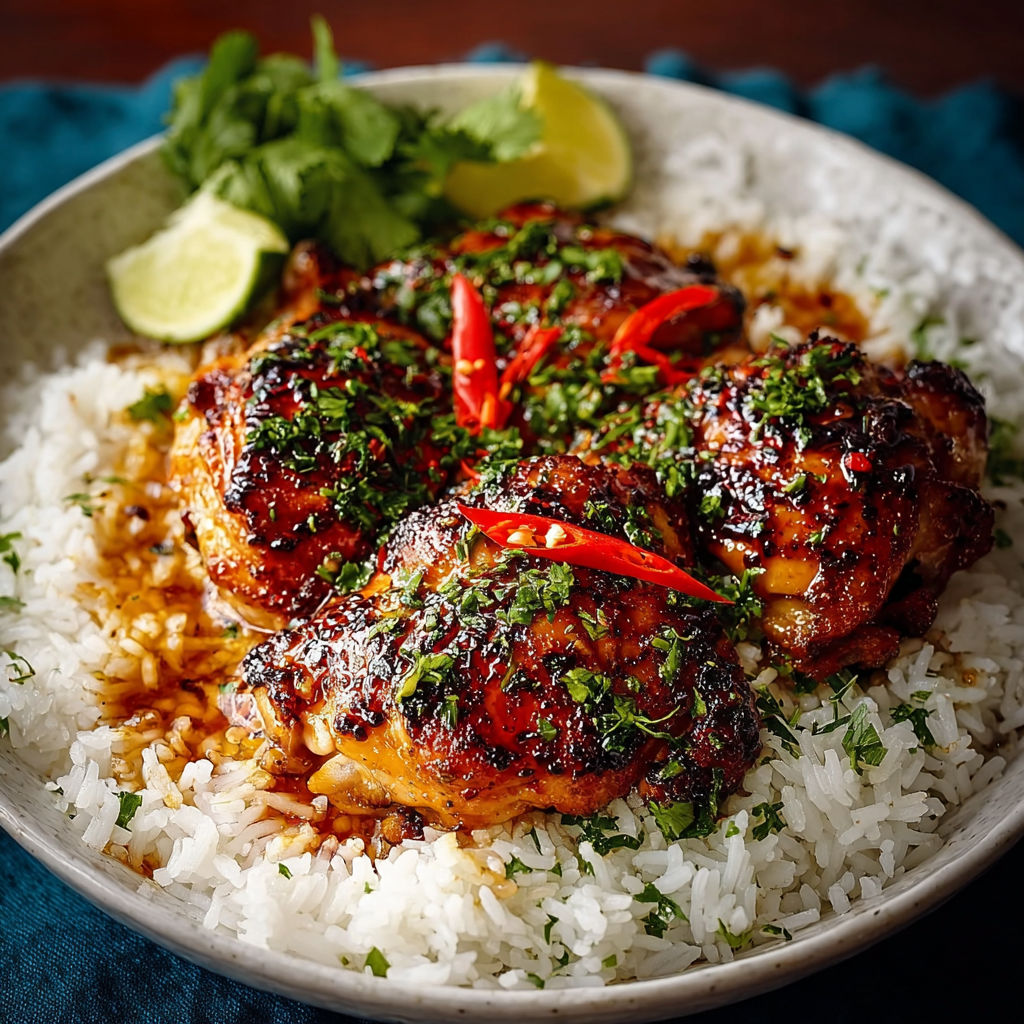 A plate of spicy maple chicken and coconut rice.
