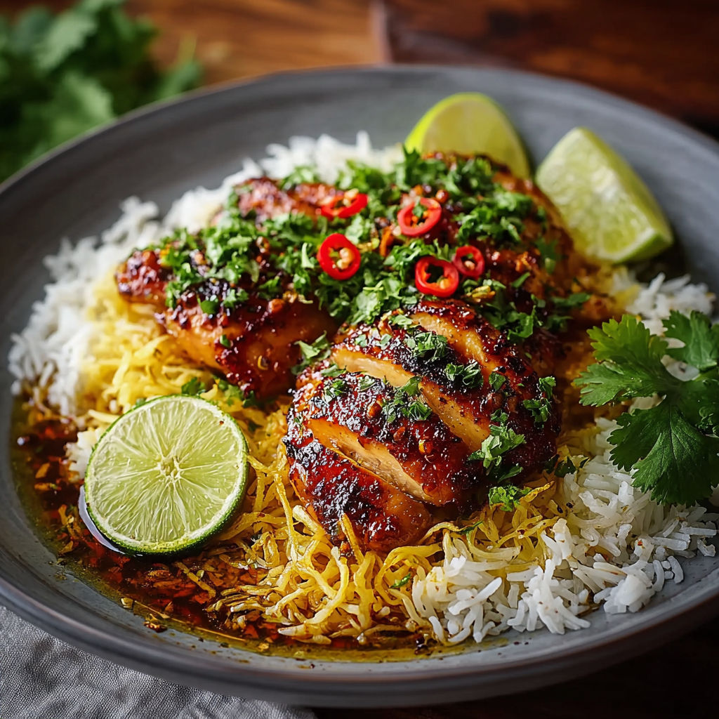 A plate of spicy maple chicken and coconut rice.