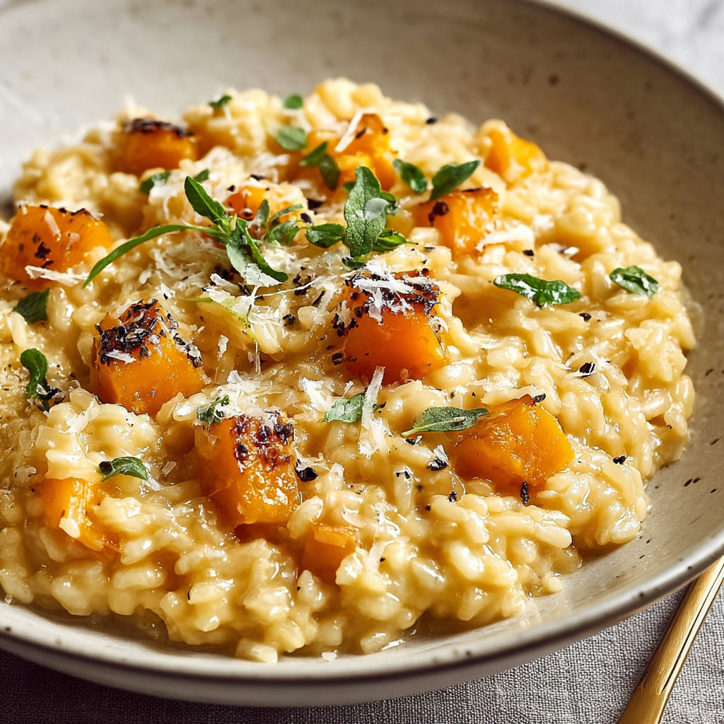 A bowl of risotto with butternut squash.